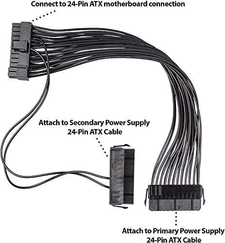Image of Pi+ (PiPlus) 24 Pin 20+4 Dual Multiple PSU Power Supply Cable Splitter Adapter 1 Feet 18AWG for ATX Motherboard Extension Kit (1x24P(20+4) Male Port and 2x24 Pin Female Ports) - Black - 1 Unit