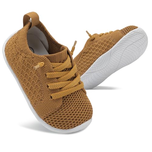 JOINFREE Toddler Shoes Boys Girls Barefoot Trainers Wide Fit, Breathable Mesh Upper Cushioned Comfortable Shoes for Kids Walking & Play Brown 5-6 Toddler