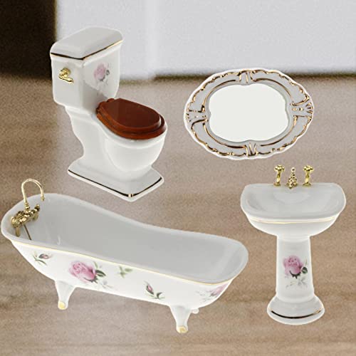 Dynwave 1/12 Dollhouse Porcelain White Bathroom Suite Furniture Set Toilet Sink Mirror And Bathtub, Dolls House Life Scene Ornament #TOP3