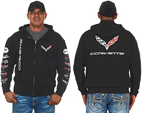 JH DESIGN GROUP Men's Chevy Corvette C7 Collage Black Zip Up Hoodie Sweatshirt (Large, CLG2-black)