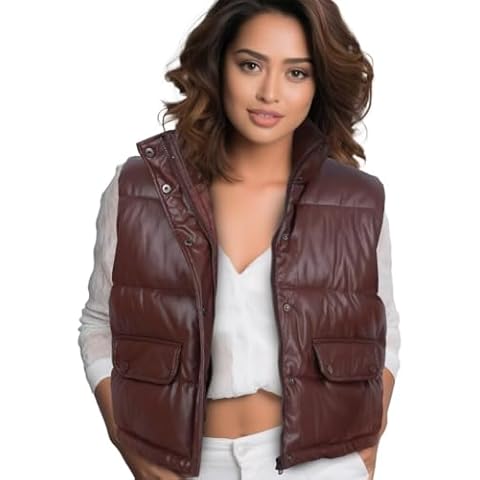 AKsit Womens crop Leather Puffer Vest Sleeveless Warm Zip Up Winter Cropped Jacket Stand Collar Padded Gilet（Coffee L） Cover