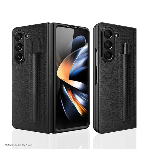 Coque Samsung Z Fold 5 en cuir noir avec porte-stylo et protection d'écran intégrée