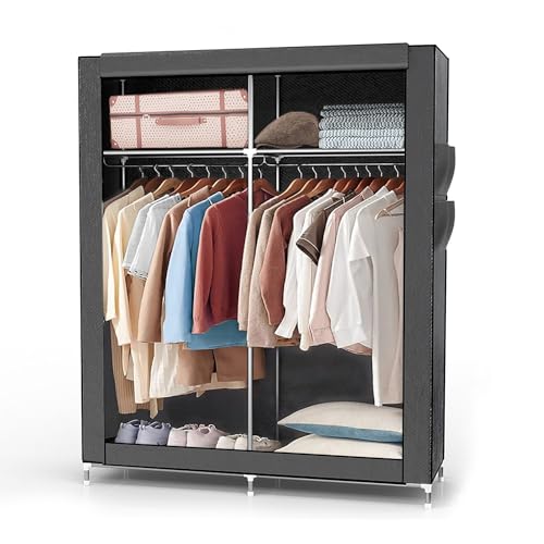 Intirilife Armoire Pliante 108x170x45 cm en Gris Cash - Armoire en Tissu avec Fermeture éclair avec Tringle à vêtements, Poche latérale et Compartiments - Étagère enfichable, Cadre métallique