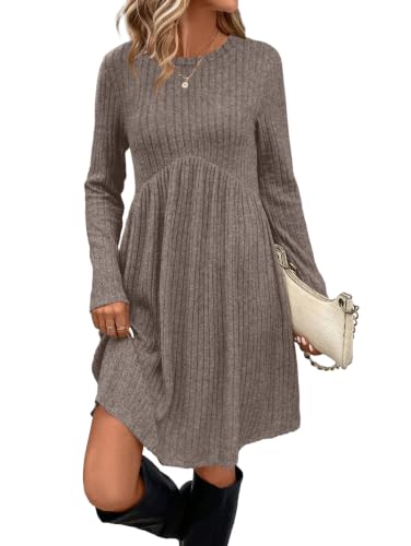 Image of OFEEFAN Long Sleeve Dress for Women Crew Neck Empire Waist Tunic Dress with Pockets