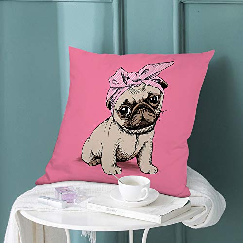 Ofloral Puppy Throw Pillow Cover Girl Puppy Pug Wearing Pink Headband Sitting On Ground Decorative Square Pillow Case 18"X18" Pillowcase Home Decor For Sofa Bedroom #TOP5