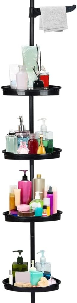 Rustproof Shower Caddy Corner Organizer for Bathroom,Shampoo Accessories Storage Holder Rack,4-Tier Adjustable Shelves with Tension Pole, up to 123 Inch, Black