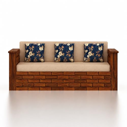 Image of Ganpati Arts Solid Sheesham Wood 3 Seater Italian Sofa Cum Bed with Storage and Side Pockets for Living Room Wooden Sofa Bed for Home - Natural Finish 1 Year Warranty, 3-Person Sofa (Beige)