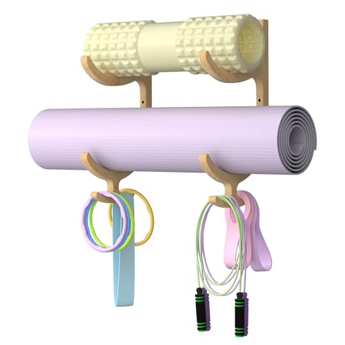 BSTSLL Wooden Yoga Mat Holder Wall Mount Yoga Mat Storage Rack Home Gym Equipment Organizer Wall Mount Workout Storage Holder for Hanging Foam Rollers and Resistance Bands (2-Tier)