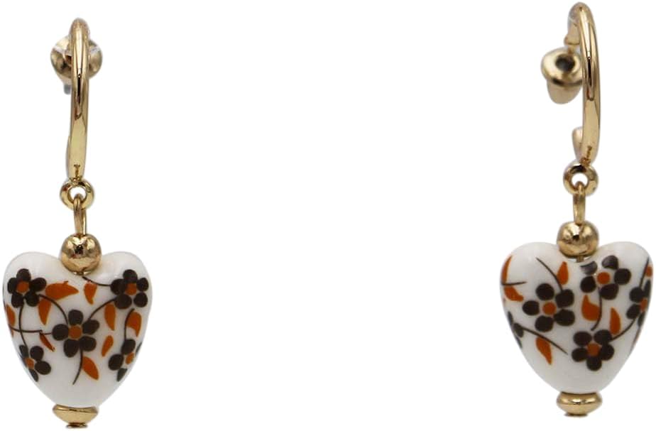 Rosemarie & Jubalee Floral Heart Dangle Earrings, Gold Tone Hoops with White Ceramic Hearts, Brown and Orange Flower Pattern 1.5 inch