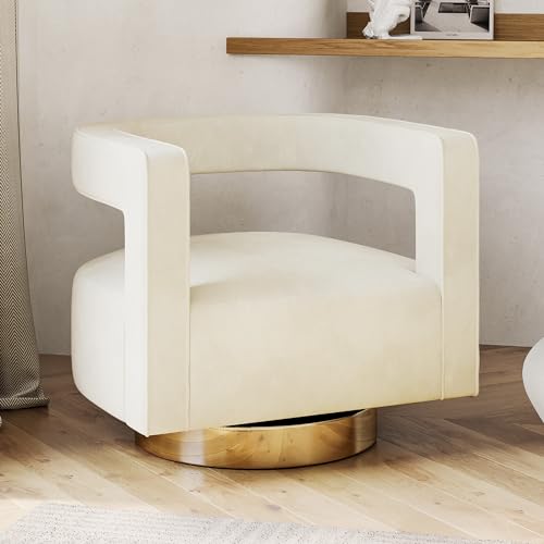 Image of BELLEZE Swivel Barrel Accent Chair, Modern Upholstered Arm Comfy Velvet Curved Back Round Chair with Gold Base Wood Frame, 360 Degree for Living Room Bedroom Office,Ivory