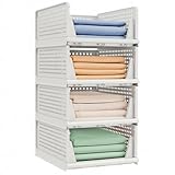 SONGMICS Stackable Wardrobe Storage, Foldable Closet Organiser, Set of 4 Pull-Out Baskets, Closet Storage and Organisation, Bedroom, Office, Bathroom, White LPC400WZ01