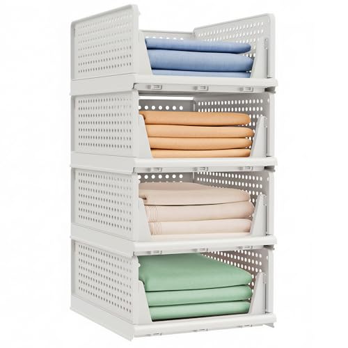 Songmics Stackable Wardrobe Storage, Foldable Closet Organiser, Set Of 4 Pull-Out Baskets, Closet Storage And Organisation, Bedroom, Office, Bathroom, White LPC400WZ01