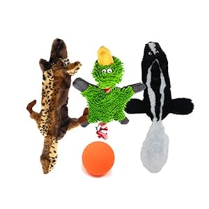 Large Dog Toys Set of 3 Plush Stuffingless Animals 24 Inches – Skunk/Wolf Squeaky Toys – Duck Squeaky w/ Crinkle Body and Rope for Tug. Rubber Ball for Aggressive Chewers Medium/Large Dogs + Carry Bag