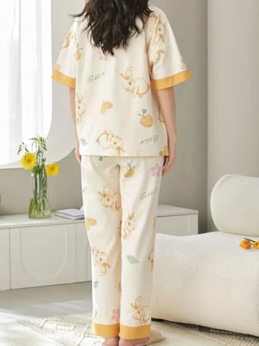 Image of GLASGO Women's Cotton Pajama Set with Top & Pants|| Korean Night Wear|| Loose Fit Home Wear || Lightweight Printed Set || Soft & Comfy Sleepwear for Girls & Women || LNS-4-$