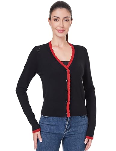 Image of AmelieBoutik Women Lightweight Button Down Long Sleeve Casual V Neck Color Trim Soft Knit Fall Cardigan Sweater Tops