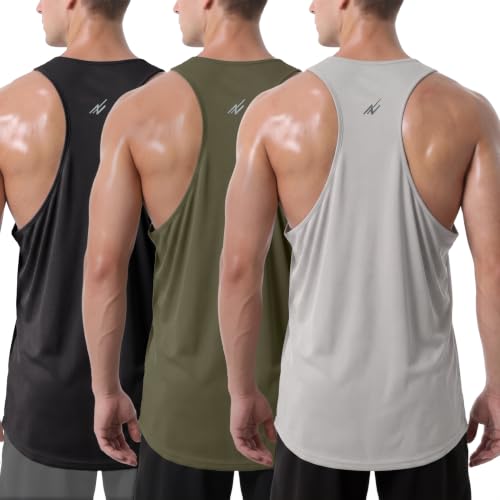 NY Threads 3 Pack Breathable Mesh Mens Tank Top Y-Back Workout Muscle Shirts for Gym, Small, Black/Light Grey/Army Green