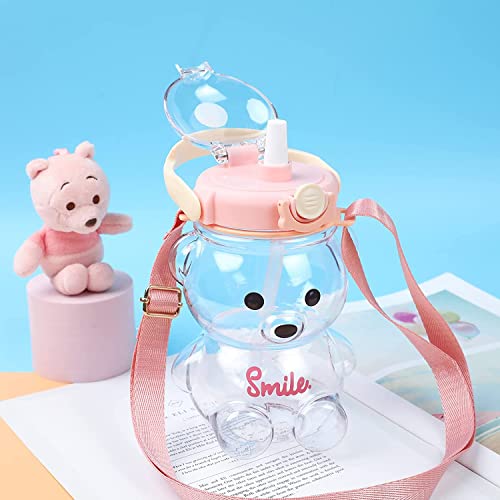 Image of 1 Liter Capacity Cartoon Teddy Bear Water Bottle Sipper Water Bottle Portable Mouth With Straw, Sticker, Strap Smile Teddy Bottle - Color (Pink)