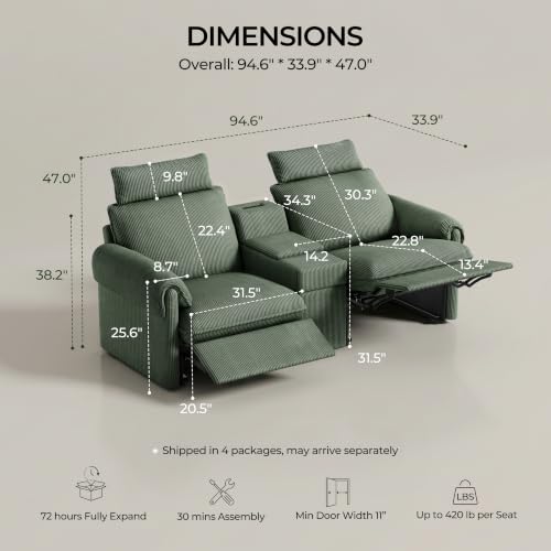 Image of CHIC HOUSE 95 inch Modular Power Reclining Loveseat Sofa with Console, Green