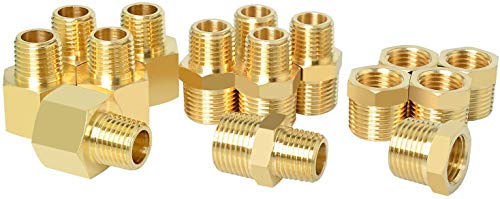 Gasher 15PCS Brass Pipe Fitting, Hex Bushing, Reducer Adapter, Reducing Hex Nipple 1/2 Inch NPT x 3/8 Inch NPT