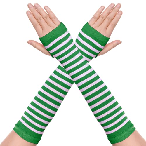 Tongcloud 1 Pair Womens Girls Punk Gothic Striped Knee High Socks Long Knitted Arm Warmers Fingerless Gloves for Halloween Costume(Green and White 14inches)