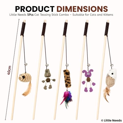 Image of Interactive Cat Teaser Stick Combo of 5 - (Mouse Bell, Stripe, Brown Rabbit, Sisal Mouse & Pink Puppy) with Attached Bell | Fun, Engaging Toy for Cats & Kittens | Indoor & Outdoor Play