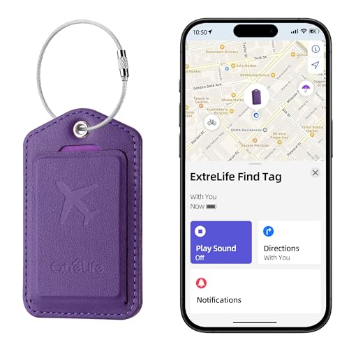 Luggage Tags, Works with Apple Find My, Leather Luggage Tag for Suitcases, Travel Tags, Bag Tag, Suitcase Tag with Privacy Flap, Anti-Lost Smart Luggage Tracker, Travel Essentials, Elegant Purple by ExtreLife - Used condition - US$31.34
