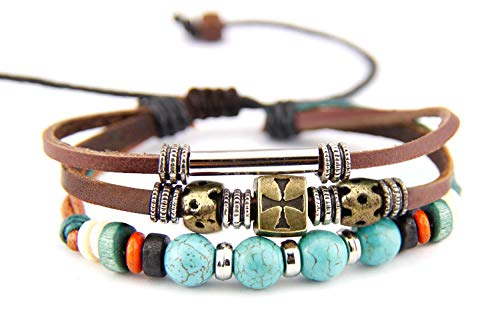 Agathe creation - Bracelet tibetain Porte Bonheur - Cuir, Chanvre et Perles de Bois et métal - Pierre turquoises - Multicolor - Fait Main