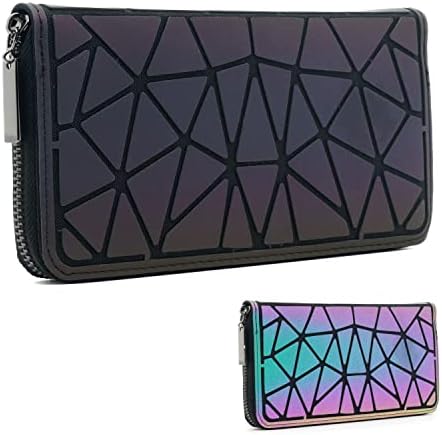 CAFINY Geometric Luminous Wallet for Women Holographic Reflective Zipper Clutch Purse with Multiple Compartments and Coin Pocket
