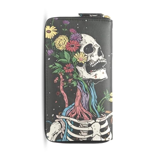 MNSRUU Womens Wallet Purses, Gothic Skull Skeleton Holding Flowers Clutch Purses for Women RFID Blocking Credit Card Holder Wallet Leather Zipper Coin Purse