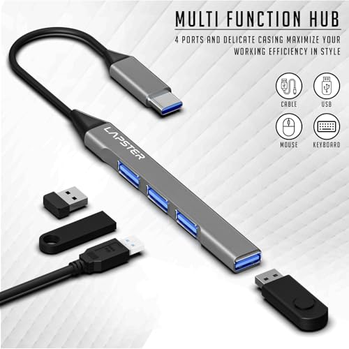 Image of Lapster USB C Hub (4-in-1), Type C Multiport Adapter with 1 x USB 3.0 & 3 x USB 2.0 Ports, up to 5 Gbps High Speed Data Transfer for Laptop, MacBook, PC (Grey)