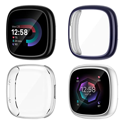 NANW 4-Pack Screen Protector Case Compatible with Fitbit Sense 2/Versa 4, Soft TPU Plated Bumper Full Cover Protective Cases for Versa 4/Sense Smartwatch [Scratch-Proof]