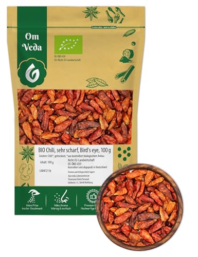 BIO Chilischoten ganz | Birds Eye Sorte | Rote, getrocknete Schoten mit Schärfegrad 9 | Sehr scharf & aromatisch | Im Aromaschutzbeutel – 100g