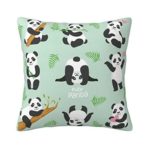 Cute Pandas and Palm Leaves Double Sided Pillow Covers Cartoon Animal Pattern Plush Pillowcases Square Cushion Pillow Cases for Sofa Bed Home Decor 45cm x 45cm (18" x 18") Cover