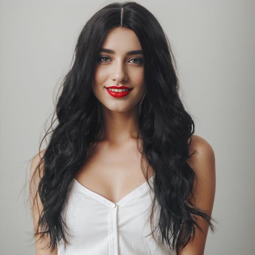 BUYOGET Long Wavy Wig Black Natural 24-inch Adjustable Comfortable Breathable Long Wigs for Women Cosplay Parties Daily Wear