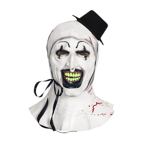 WVWMYM - Masque Terrifier, Masque Halloween, Masque Art Le Clown, Mask Joker Clown Tueur Avec Mini Chapeau Haut Forme, Accessoire Terrifier Costume, Accessoires Effrayants pour Cosplay pour Adultes (Blanc) - 3.9/5