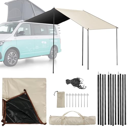 Sun Canopy Awning for VW T4 T5 T6 Campervan, 2.4m x 2.4m Awning Canopy Caravan with Guy lines, Support Poles and Pegs, Suitable for 7mm Awning Rail