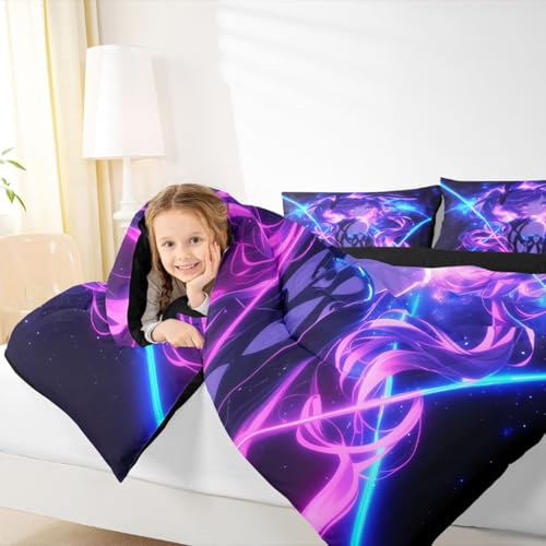 Image of Erosebridal 3D Anime Kids Bedding | Japanese Girl Full Comforter Sets,Girly Galaxy Stars Comforter Purple Neon Duvet Insert with 2 Pillow Cases