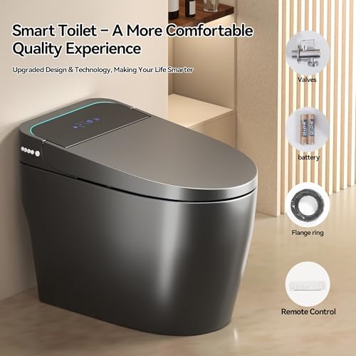 Inodoro inteligente con rociador de agua caliente y secadora, asiento calefaccionado con bidé, 4 modos inteligentes de descarga y asiento con apertura/cierre automático, operación con sensor de pie y pantalla LED Fahrenheit (Gris) miniatura 3