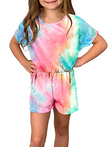Dokotoo Loose Girl Crew Neck Tie Dye Print Romper Jumpsuit Summer Short Sleeve Outfits Set Size 6-7 Rose #TOP24