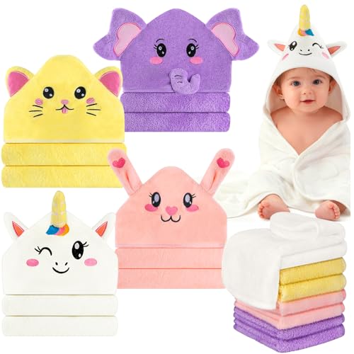 Image of OFUSUY 12 PCS Baby Bath Towels for Infants Toddlers, 4 PCS Animal Hooded Baby Towels & 8 PCS Washcloths Set, Soft & Ultra Absorbent Newborn Bath Cute Essential Gifts for Boys & Girls