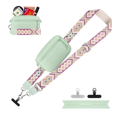 Image of YFWE Clip and Go Strap for Phone with Wallet Crossbody, Adjustable Phone Lanyard with Detachable RFID Wristlet Wallet, Pattern Strap, Green (M)