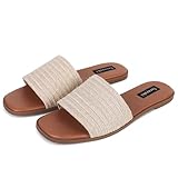 Tscoyuki Slides Sandals for Women Basic Raffia Slip On Flat Sandals Open Toe Comfort Beach Sandals Slippers for Casual Dressy Summer Natural Size 8
