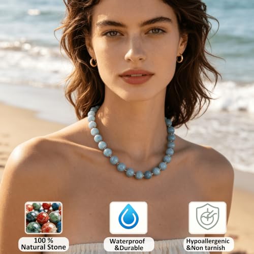 Image of GINAZL Natural Stone Beaded Choker Necklace for Women, Chunky Multicolor Gemstone Handmade Necklace, Boho 12MM Bead Summer Beach Jewelry Gifts for Women
