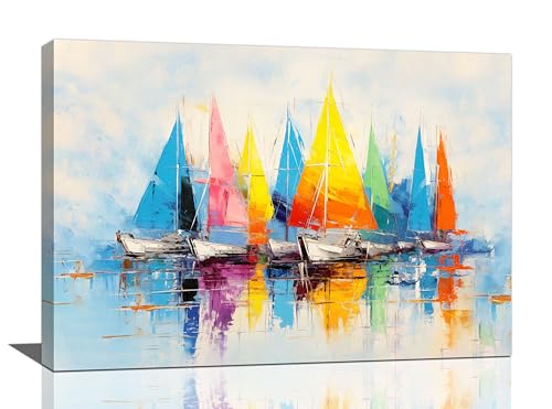 banonaty Nautical Wall Art Coastal Sailboat Pictures Wall Decor Seascape Ocean Canvas Prints Framed Artwork Paintings Home Office Decorations Large Size Artwork For Living Room 24""x16""