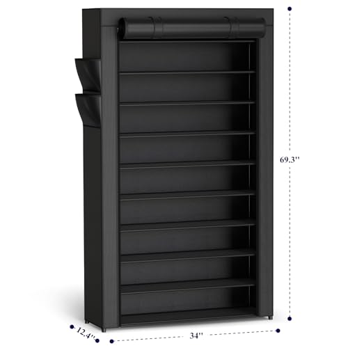 Image of Kitsure Shoe Rack - 10-Tier Large Capacity Shoe Organizer Shelf with Dust Cover & Side Pockets, Rust-Proof Metal Shoe Rack for Closet, Entrance, Living Room, 33.6 inch x 12.4 inch x 69.3 inch, Black