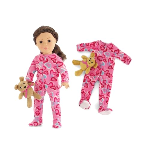18 Inch Doll Pajamas Set Pink Heart Onesie PJ Outfit – Emily Rose Doll Sleeping Outfit with Teddy Bear Companion – Doll NOT Included – Fits American Girl Our Generation by Emily Rose - Used condition - US$10.81