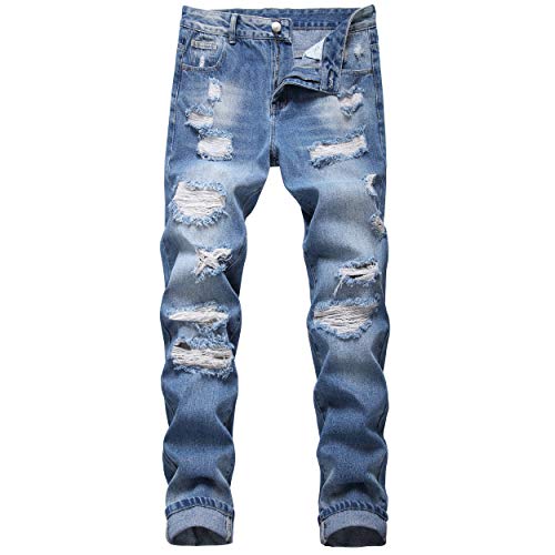 DANT BULUN Men's Ripped Distressed Destroyed Slim Fit Straight Leg Denim Jeans