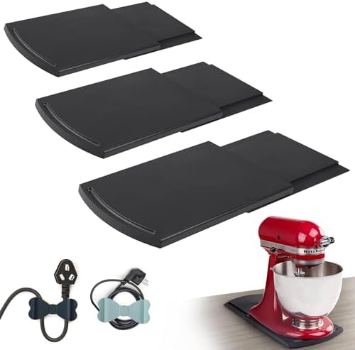 3 Pack Sliding Tray for Coffee Maker, Handy Kitchen Appliance Sliding Tray, Countertop Slider for Coffee Pot, Air Fryer, Toaster and Stand Mixer, Appliance Slider with Rollers and 6 Cord Organizers