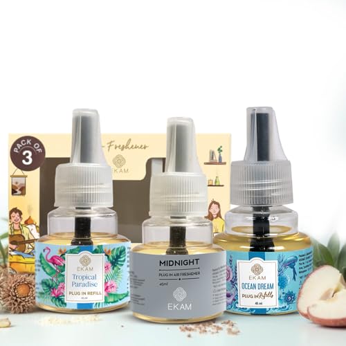 Image of EKAM | Combo Pack Of 3 | Fresh & Musky Fragrance Scented Plug-In Air Freshener Refill| 45ml Each | Lasts up to 125 Days Each / 500 Hours Each | Perfect for Living Rooms, Bedrooms & More