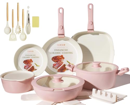 Image of Ceramic Cookware Set Non Stick 23Pcs Pots and Pans Set Non Toxic with Detachable Handle Induction Kitchen Cookware Set Space Saving, Oven & Dishwasher Safe, Pink